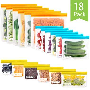 KITHELP 18 Packs Reusable Storage Bags-BPA FREE Reusable Sandwich Bags Leak-proof Freezer Bags Washable Gallon Bags Eco-friendly Ziplock Lunch Bags for Food