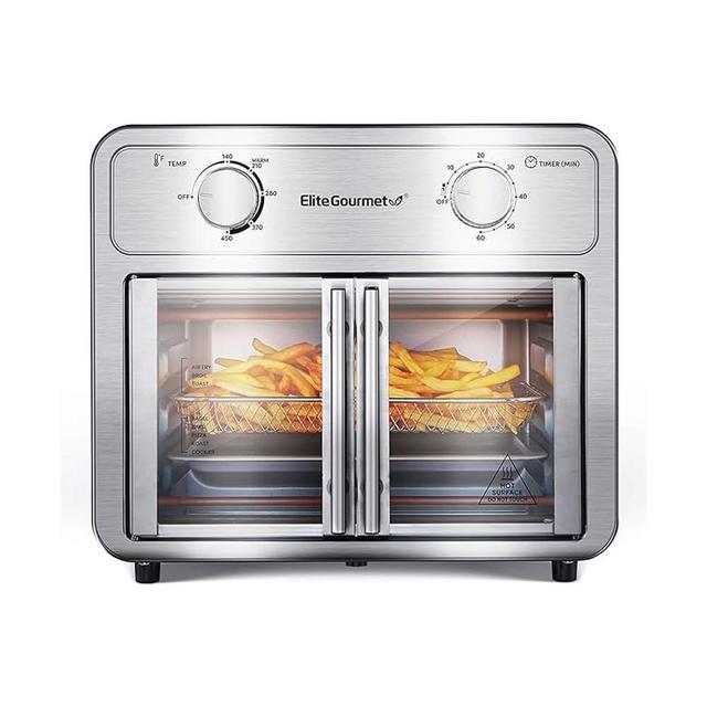 Elite Gourmet EAF1222SS Air Fryer Oven Double French Doors, Bake, Grill, Roast, Broil, Rotisserie, Toast, Warm, Air Fry, Dehydrate, 1500 Watts, with 25 Recipes, 12L. Capacity, Stainless Steel