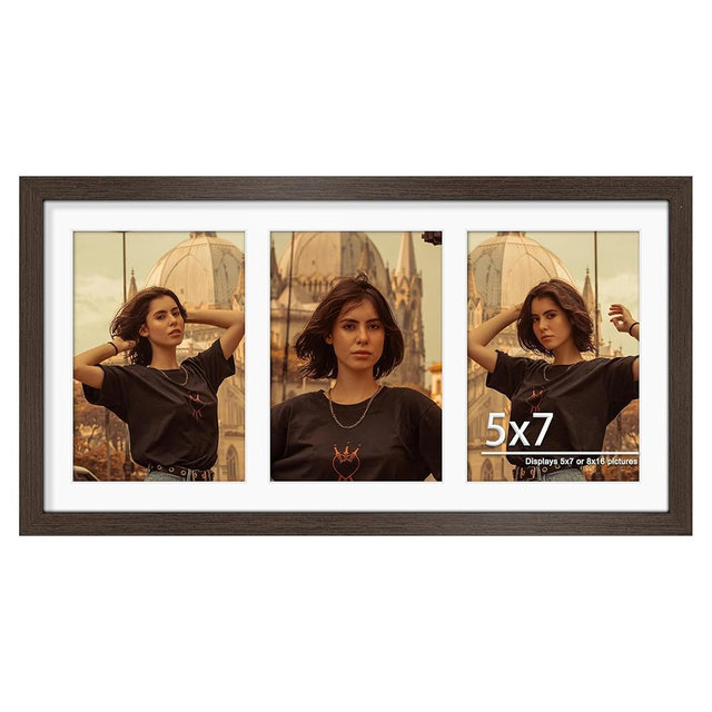 DUENPY 8x16 Collage Picture Frame,5x7 Collage Picture Frame Displays Three 5x7 inch Photos, or 8x16 (Without Mat) for Available Horizontal Wall Mounting Display and Vertical, Walnut.
