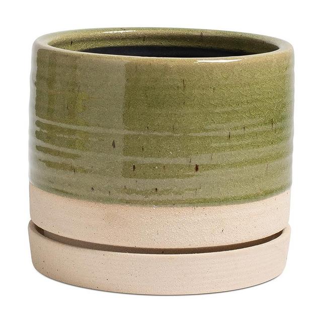 HERDUK 8 Inch Pots for Plants, Ceramic Planter Pot with Drainage Hole & Saucer, Indoor/Outdoor Cylinder Round Planter Pot, Green & Beige