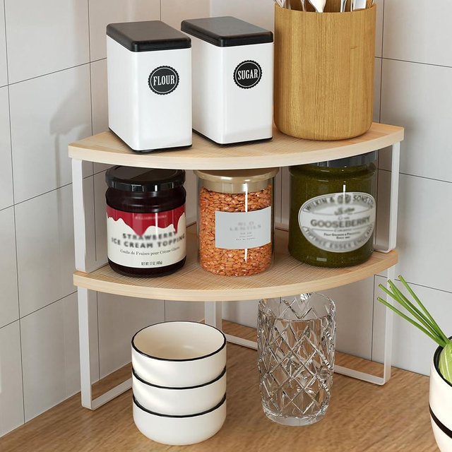 Corner Shelf Countertop Organizer - Set of 2 Corner Shelves for Kitchen Cabinet Organizer, Spice Rack, Stackable Bathroom Organizer and Storage, Sink Rack, Corner Cabinet, Counter Decor, Natural Beige