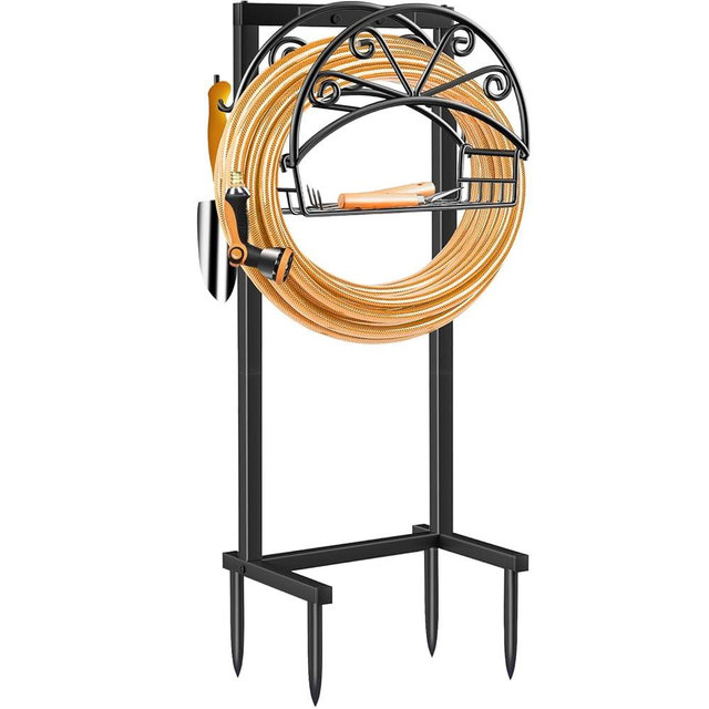 TomCare Garden Hose Holder Upgraded Water Hose Holder with Storage Basket 2 Tool Hooks Heavy Duty 4 Spikes Hose Hanger Holds 160ft Hoses Freestanding Hoses Storage Organizer for Outside Yard
