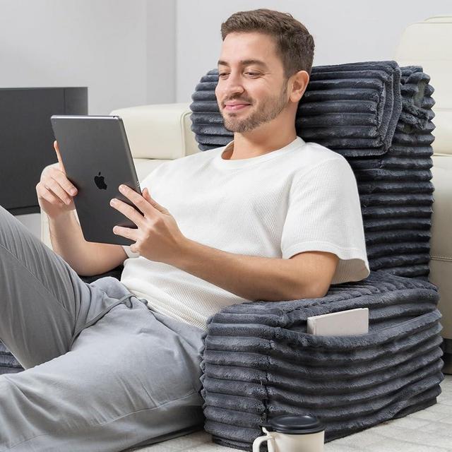 ENITYA Reading Pillow for Sitting in Bed Adult, 25in XXL Back Pillow for Bed Sitting up, Big Pockets & Built-in Arms, Back Support Chair Pillow for Watching TV/Reading/Gaming/Resting/Post Surgery,Grey