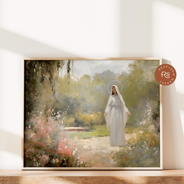 Blessed Virgin Mary Garden Abstract Floral Landscape Wallart Modern Catholic Oil Painting Christian Art Print Faith Boho Religious Gift
