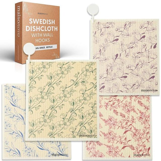 MAISONOVO Swedish Dishcloths- Reusable Paper Towels - Swedish Dishcloths for Kitchen Ginkgo Collection x 4pcs - Reusable Paper Towels Washable Kitchen Cleaning Cloths