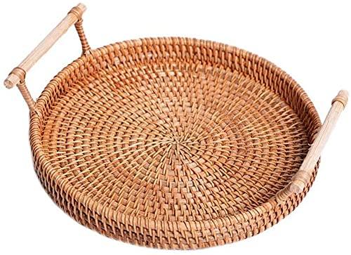 Rattan Round Serving Tray - 8.6 in Woven Bread Baskets with Handles for Bread Fruit Vegetables, Tabletop Display Basket Decor, Restaurant Serving, Bathroom Storage - Kitchen Tray for Coffee & Tea