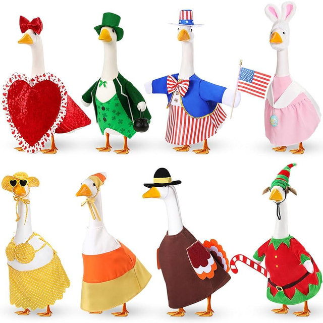 Silicherry 8 Set Holiday Seasonal Goose Outfits for 23" Cement Porch Goose Statue Valentine Easter Spring St. Patrick All Season Costume for Lawn Garden Patio Indoor Outdoor Decor(Boy Style)