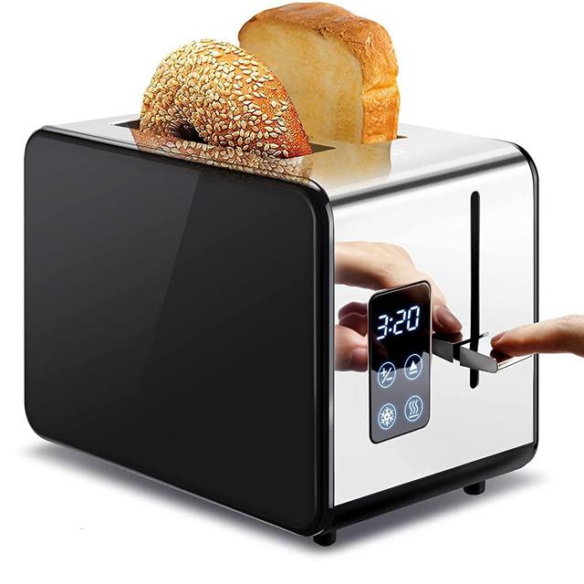 Toaster 2 Slice Wide Slot 1.5'' , Pukomc Touchscreen Toaster with Big Digital Countdown Timer, Mirror Stainless Steel Toaster with Reheat/Cancel/Defrost Function, 6 Browning Settings, Black/900W