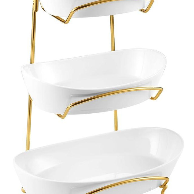 Yedio Fruit Bowls for Kitchen Counter, 3 Tier Ceramic Fruit Basket with Serving Bowls Metal Stand, Tiered White Porcelain Bowls for Fruit Vegetable Storage, Snack, Nuts, Cake, Dessert