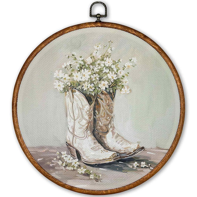 TLESKE White Preppy Western Cowgirl Round Wall Art Decor, Vintage Cowgirl Boots Framed Canvas Prints Wall Art Artwork, Wall Hanging Room Door Decor for Teen Girls Room Dorm Bedroom, 10x10in