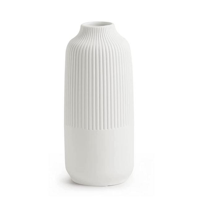 TCIUXYQ White Ceramic Vase Decorative Minimalist Modern Ribbed Vases 10" Tall for Pampas Grass, Home Accents, Kitchen,L