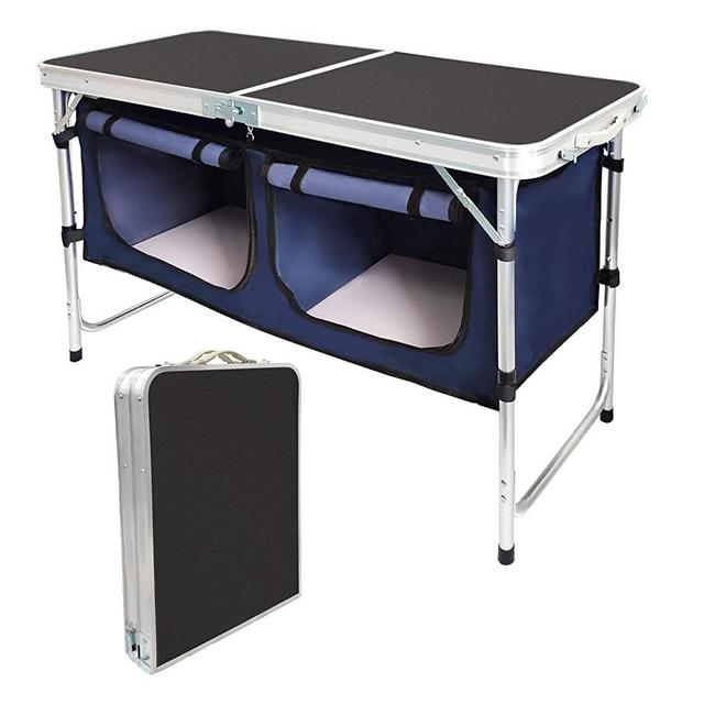 CampLand Outdoor Folding Table Aluminum Lightweight Height Adjustable with Storage Organizer for BBQ, Party, Camping (Black)