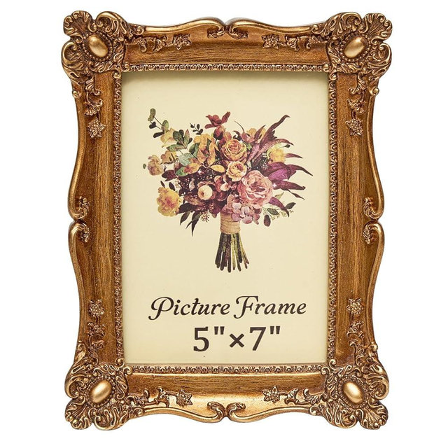 JANDERART Vintage Picture Frame 5x7 Inch, Ornate Antique Photo Frames with Glass Front, Baroque Design, Tabletop & Wall Hanging, Photo Gallery, Gold