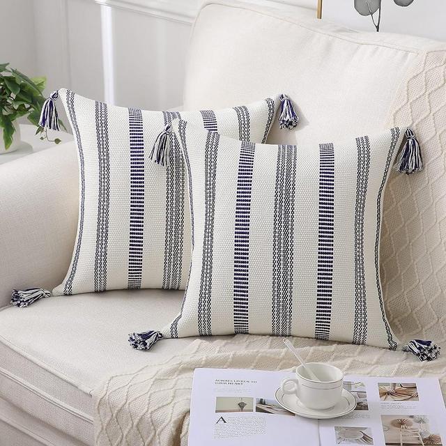 Smile Bee Boho Outdoor Throw Pillow Covers Set of 2, Decorative Woven Striped Pillow Covers with Tassels for Couch Bed Sofa, 20x20 Inch, Navy Blue and Cream White