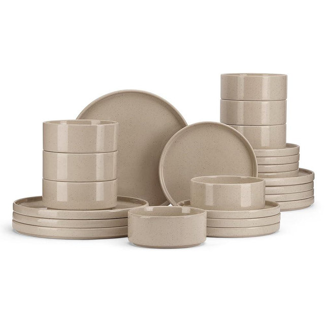 E-far Dinnerware Sets for 8, 24-Piece Stoneware Plates and Bowls Dish Set, Modern Kitchen Dinning Dishware, Chip and Scratch Resistant, Microwave & Dishwasher Safe, Speckled Khaki