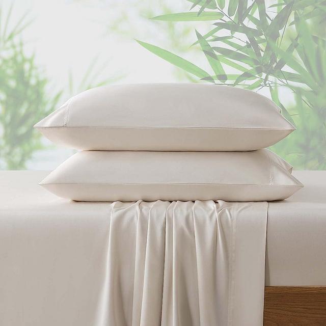 NATUREFIELD 4Pcs Bamboo Sheets King 100% Organic Bamboo Cooling Sheets 240TC Bamboo Bed Sheets Soft Breathable with Sheet Straps 1 Flat Sheet, 1 Fitted Sheet, 2 Pillowcases Beige