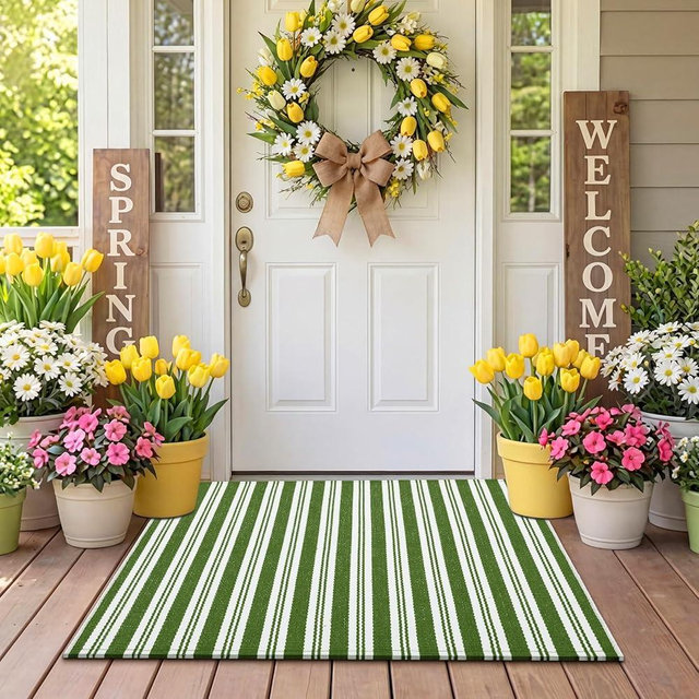 Moucuny Green and White Spring Striped Rug, 24'' x 35'' Area Rug Outdoor Front Porch Door Mat Welcome Layering Rustic Washable Doormat for Entryway Farmhouse Decor
