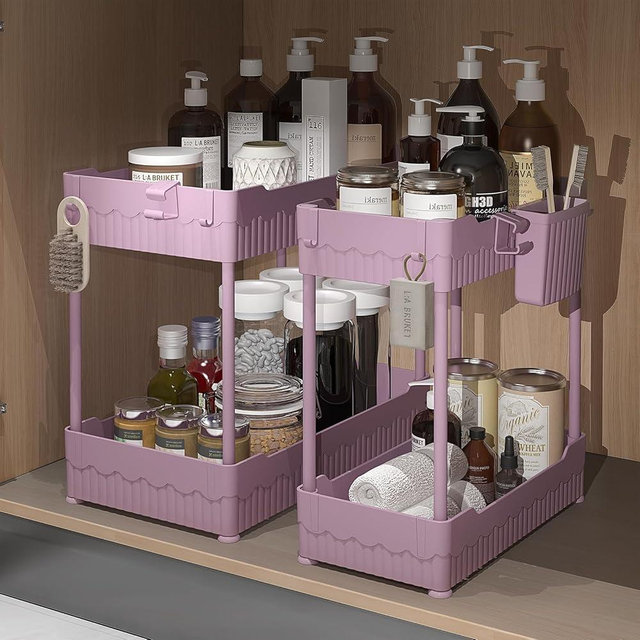 Sevenblue 2 Pack Under Sink Organizer, Under Bathroom Cabinet Organizer with Hooks Hanging Cup, Multi-Purpose Storage Shelf for Kitchen Bathroom (Pink, L)