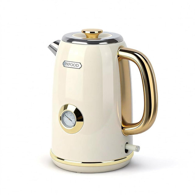 INFOOD Retro Electric Kettle 1.7L/57oz with Thermometer - 1500W Fast Boiling Stainless Steel Hot Water Tea Kettle, BPA-Free, Cordless, Auto Shut-Off, Boil-Dry Protection, White