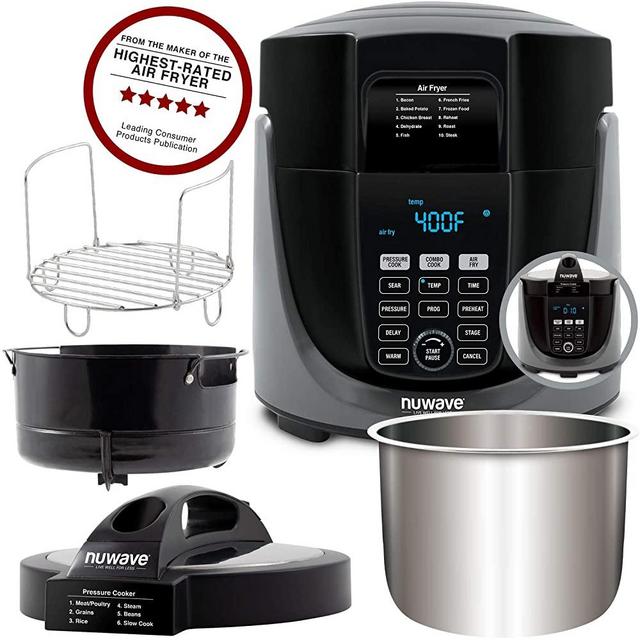 NUWAVE DUET Pressure Air Fryer, Combo Cook Technology, Removable Pressure and Air Fry Lids, 6QT Stainless Steel Pot, Stainless Steel Reversible Rack & 4 Quart Non-Stick Air Fryer Basket; Built-in Sure-Lock Safety Technology, Steam, Sear, Saute, Slow Cook, Roast, Grill, Bake, Dehydrate, Pressure Cook & Air Fry