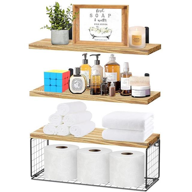 Szkiuqe 2-in-1 Floating Shelves, Bathroom Shelves with Storage Basket, Wall Mounted Rustic Wood Shelves, Farmhouse Wall Decor for Bedroom, Kitchen, Living Room and Plants - Light Brown