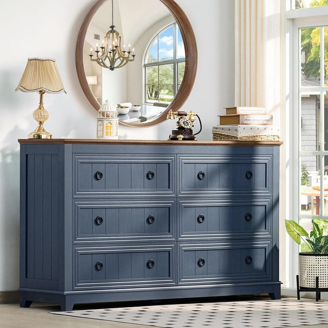 Joaxswe 6 Drawers Dresser for Bedroom, Farmhouse 54 Inch Wide Wood Dresser Chest of Drawers, Vintage Design TV Stand, Rustic Storage Dressers Organizer for Bedroom, Living Room, Hallway - Navy Blue