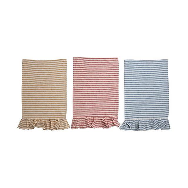 Creative Co-Op Cotton Striped Ruffle, 3 Colors Tea Towels, 28" L x 18" W x 0" H, Multicolor