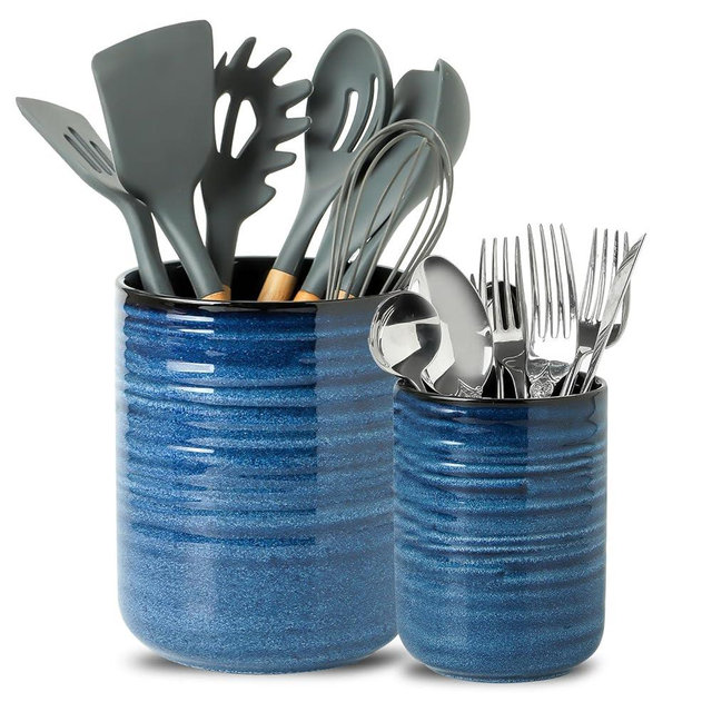 Hasense Ceramic Utensil Holder, 7.4"+5.5" Kitchen Utensil Holder Crocks for Countertop, Modern Kitchen Tool Organizer for Spatulas, Whisks, and Tongs, Farmhouse Kitchen Decor, Set of 2, Blue