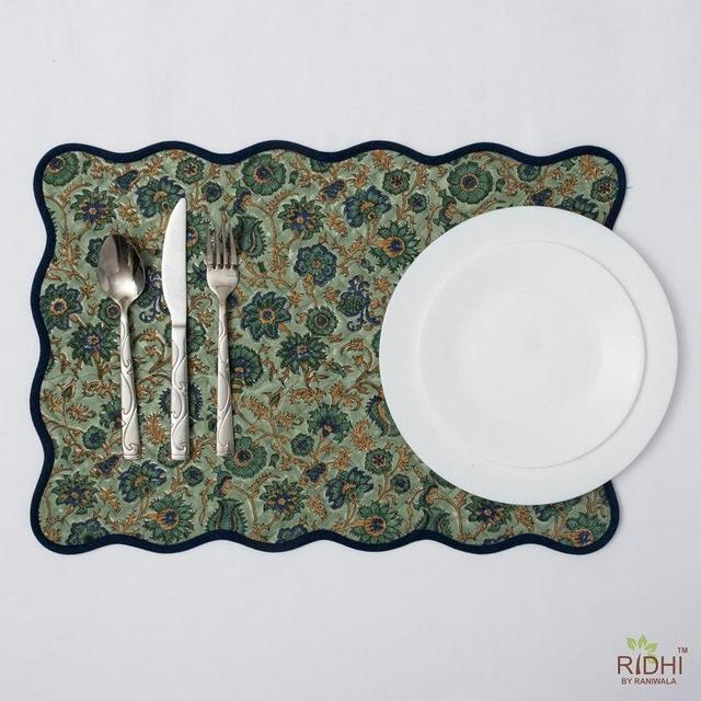 Table Mats, Sage Green, Yale Blue, Peanut Brown Mats, India Block Print, Flower Print, Cotton Cloth, Cotton Fabric, Kitchen Runner and Mats