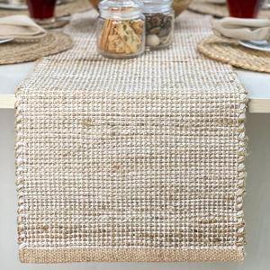Chardin home Natural Jute Table Runner 13x90 Inch – Vintage Boho Rustic Table Decor – Handwoven Table Runner in Natural Jute and Ivory – Farmhouse Dining or Console Table Accent