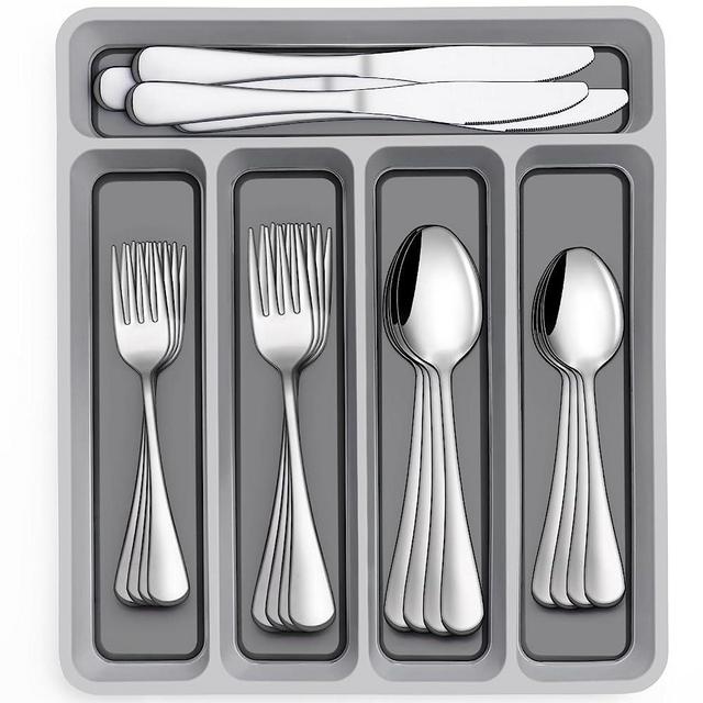 60-Piece Silverware Set with Organizer, AIVIKI Stainless Steel Flatware Set for 12, Cutlery Utensil Sets for Home Restaurant, Include forks spoons and knives set, Mirror Polished, Dishwasher Safe