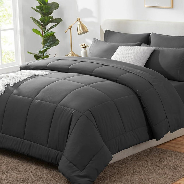 CozyLux Dark Grey Comforter Full Size 7 Pieces Bed in a Bag Set Dark Grey Comforter Set Bedding Sets Full with All Season Quilted Comforter, Flat Sheet, Fitted Sheet, Pillowcases Dark Gray Full