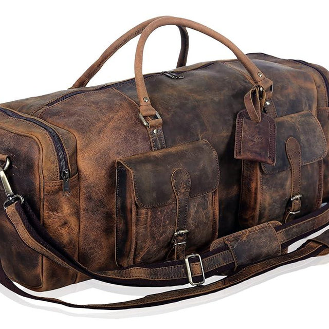 KomalC 28 inch Duffel Bag Travel Sports Overnight Weekend Leather Duffle Bag for Gym Sports Cabin Holdall bag (Distressed Brown)