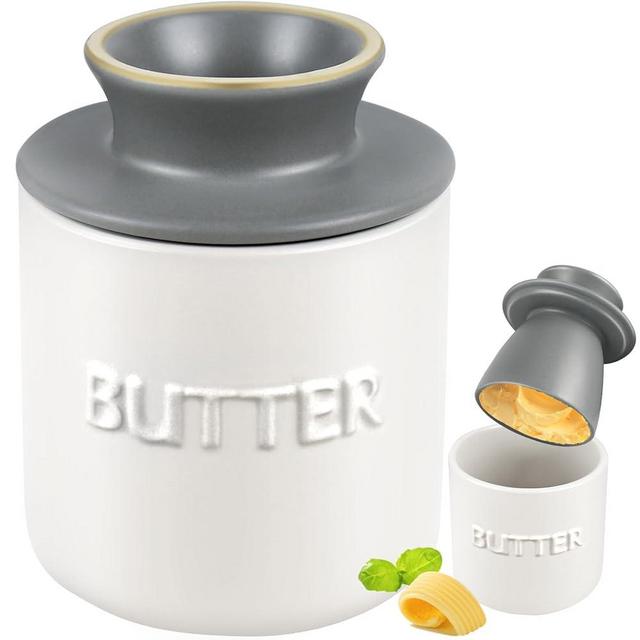 Butter Crock, Ceramic Butter Dish with Lid Butter Keeper Spreadable Fresh Soft Butter, No More Hard Butter, Classic Light Color Series