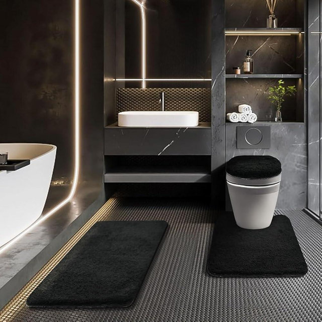 Baahrnom Bathroom Rugs Sets 3 Piece with Toilet Cover Adjustable Bath Rug Set with TPR Non Slip Rubber Backing Solid Tufted Bath Mat Set for Luxury Bathroom Decoration