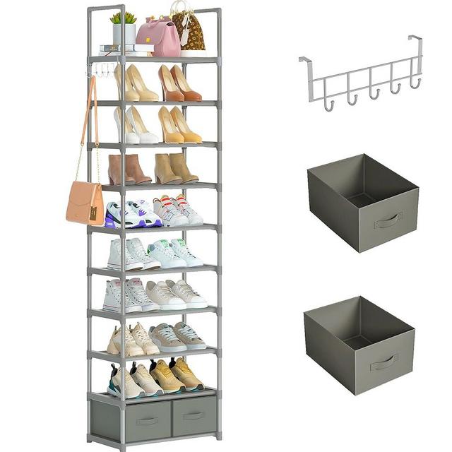 OYREL Sturdy Metal Shoe Rack Organizer,Narrow Shoe Racks for Closets, Shoe Stand,Shoe Shelf (10 Tier with 2 Boxes and 1 Hook)