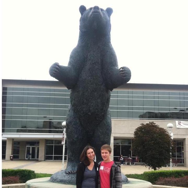 Our obligatory picture with the bear, during our first college visit to Missouri State (our alma matter), in fall of 2012