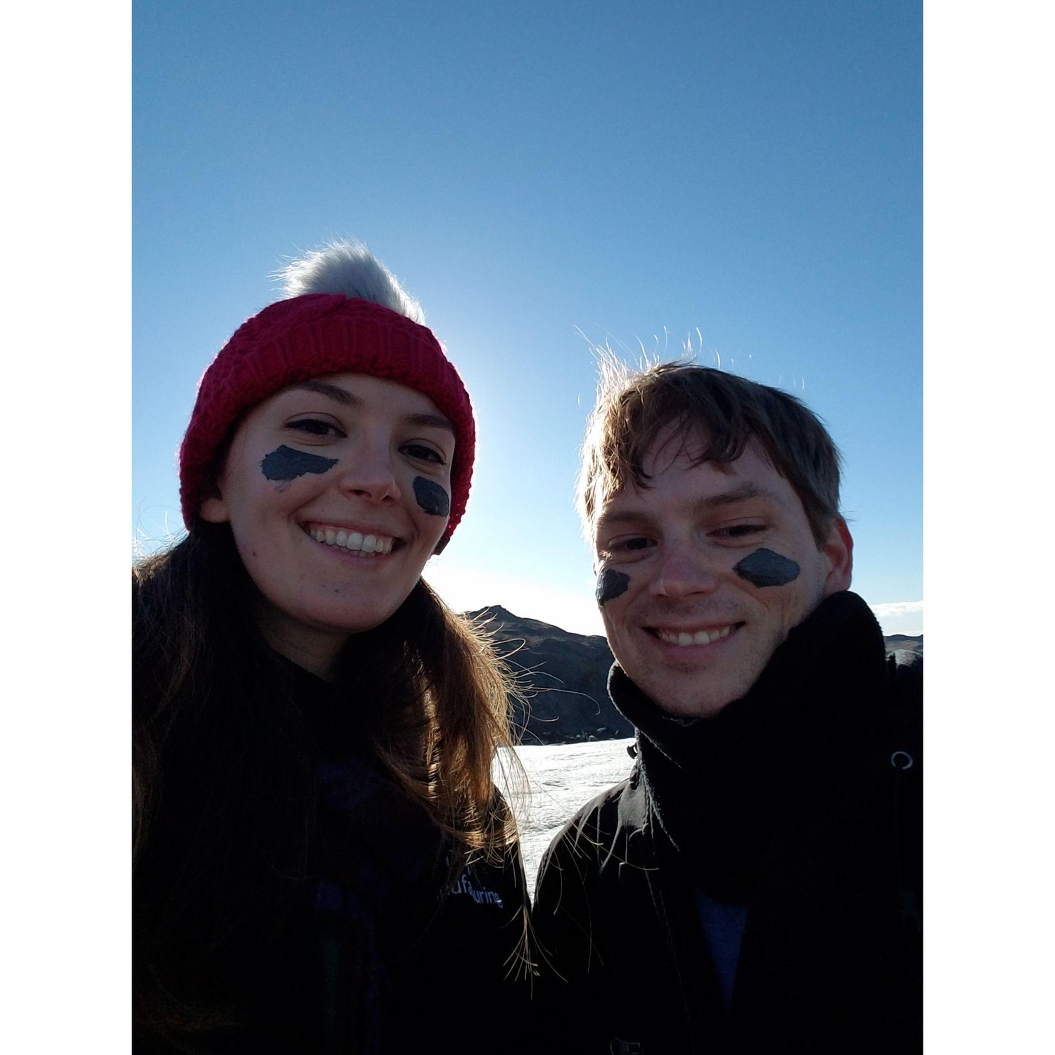 Hiking a glacier in Iceland. The volcanic ash is apparently good for your skin, so we're hoping those patches on our cheeks hold up our sagging skin when we get older.