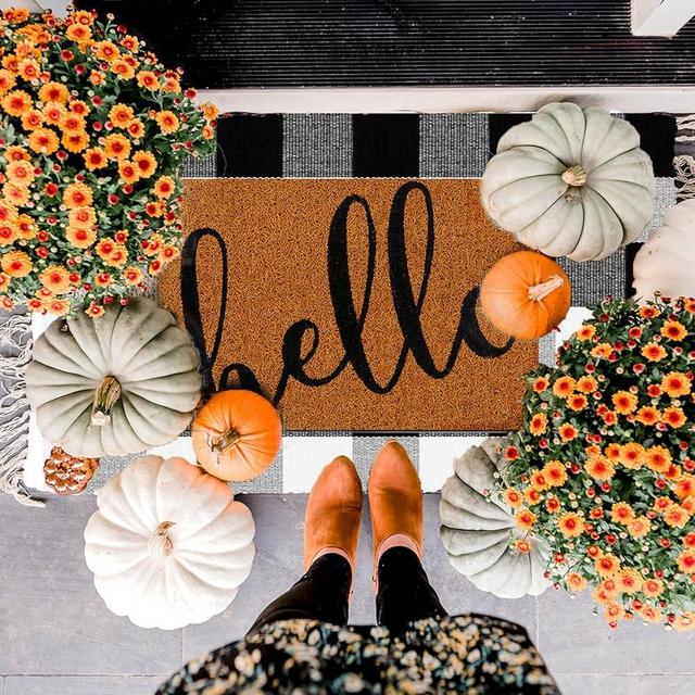 2PCS Front Porch Decor Mats, Hello Door Mat and Buffalo Plaid Checkered Outdoor Rug, Front Door Mat Non Slip Entryway Decor Imitation Coir Doormat for Fall Thanksgiving Rustic Farmhouse