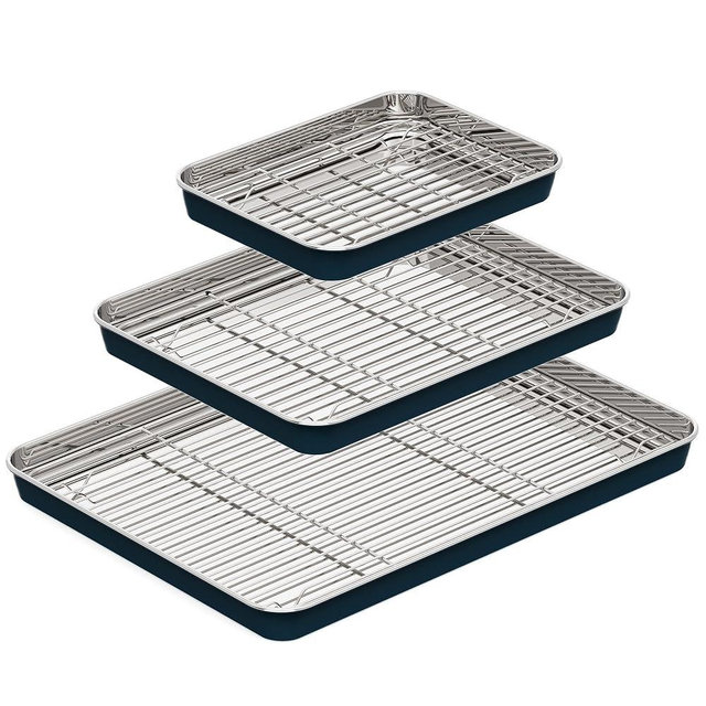 BRONYPRO Stainless Steel Baking Sheet with Wire Rack Pan (3 Pans + 3 Racks), Cookie Sheets 9/12/16 In, Non-Toxic (PFOA & PTFE Free), Solid Warp-Resistant Cooking Trays for Oven & Toaster, Navy