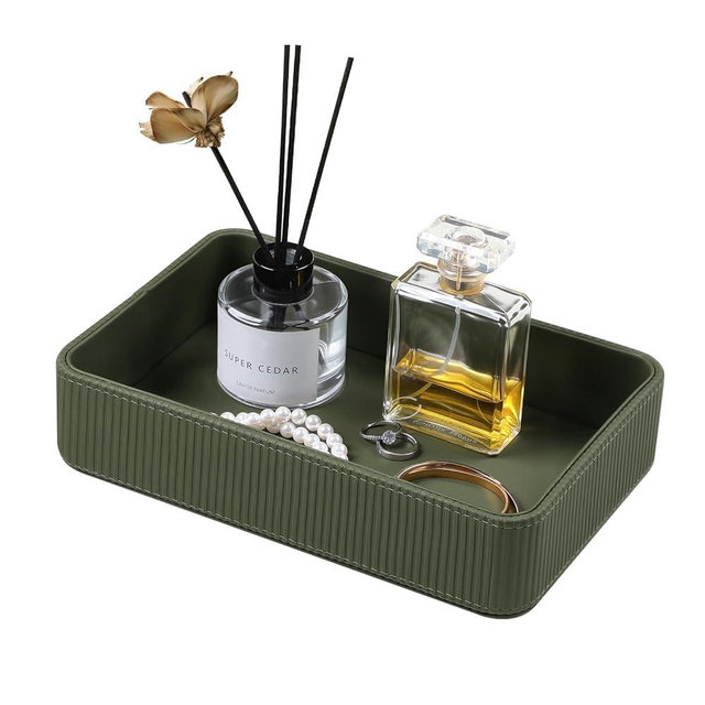 Cretkhp PU Leather Valet Tray Organizer, Modern Nightstand Organizer Bedside Desktop Storage for Womens and Men, Decorative Perfume Trinket Catchall Vanity Tray for Key Watch Wallet (Green)