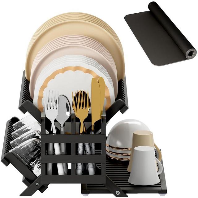 Greenual Black Bamboo Dish Drying Rack with Utensil Holder, 3 Tier Collapsible Dish Rack, Wooden Dish Racks for Kitchen Counter, Large Folding Drying Holder with Absorbent Dish Drying Mat
