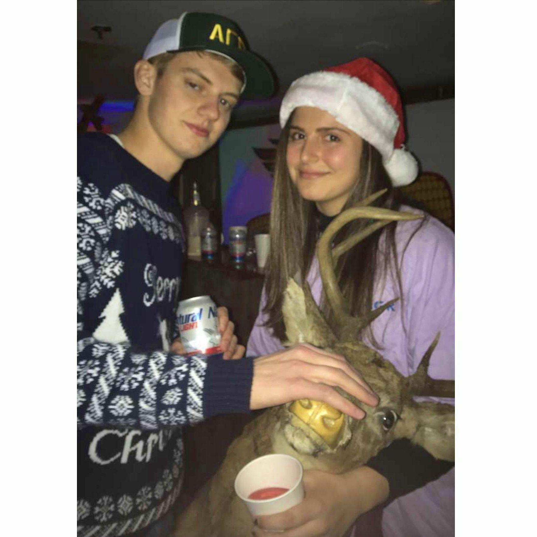 Our first photo together, at an Alpha Gamma Rho Christmas party!