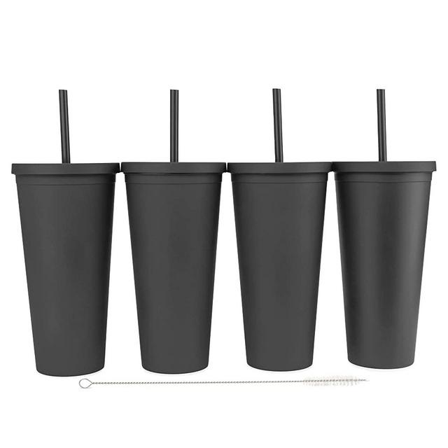 Tumblers with Lids (4 pack) 22oz Pastel Colored Acrylic Cups with Lids and Straws | Double Wall Matte Plastic Bulk Tumblers With FREE Straw Cleaner! Vinyl Customizable DIY Gifts (Black)