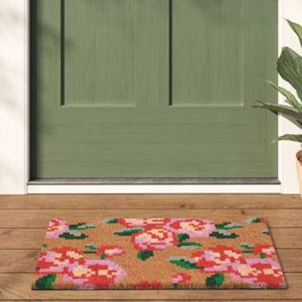 Floral Coir Doormat Red/Pink
