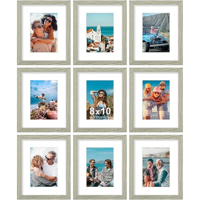Vittanly 8x10 Picture Frames Set of 9, Shatter Resistant Plexiglass, Display 5x7 Pictures with Mat or 8x10 without Mat, Photo Frames for Wall or Tabletop, Engineered Wood, Driftwood