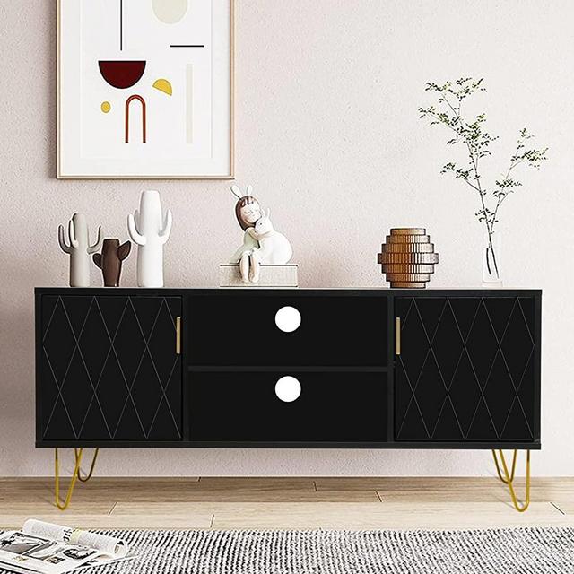 Modern TV Stand Entertainment Center Wood TV Console Media Cabinet with 2 Storage Cabinet and Shelves Home TV Stand for Living Room Bedroom (Black)