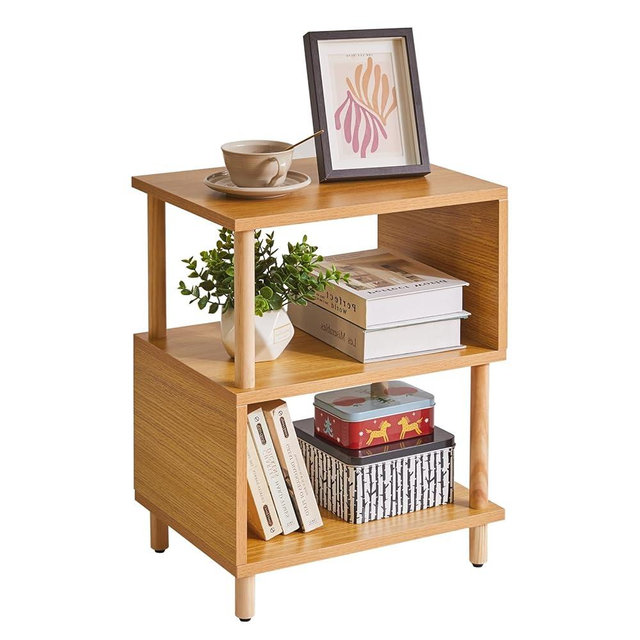 Aibiju Wooden Night Stand with Open Shelf, Nightstand with Solid Wood Legs, S-Shaped Bed Side Table 3 Tier,20 inch High End Table Natural Wood YD-TM152N