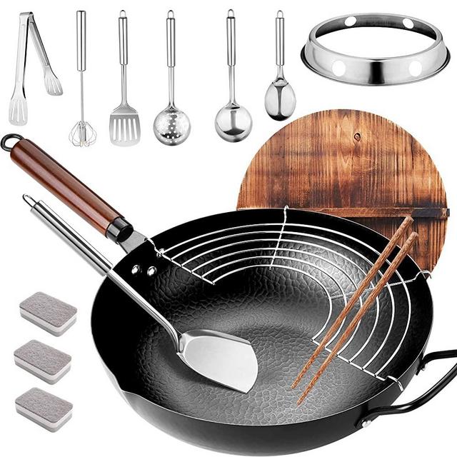 Carbon Steel Wok Pan with Lid and Handle, Tazoda 13'' Stir Fry Pans Chinese Wok Nonstick Wok with Cooking Utensils and Flat Bottom for all Stoves