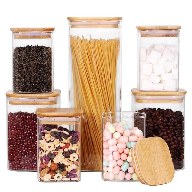 LEAVES AND TREES Y Glass Storage Canister with Wooden Lid, Set of 7 Square Glass Jars with Bamboo Lids, Glass Food Storage Containers for Pasta, Cereal, Flour, Sugar, Best for Kitchen & Pantry